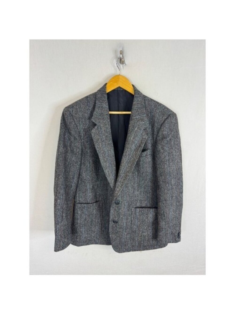 Harris Tweed Grey Herringbone Wool Blazer Jacket Men 40S Short
